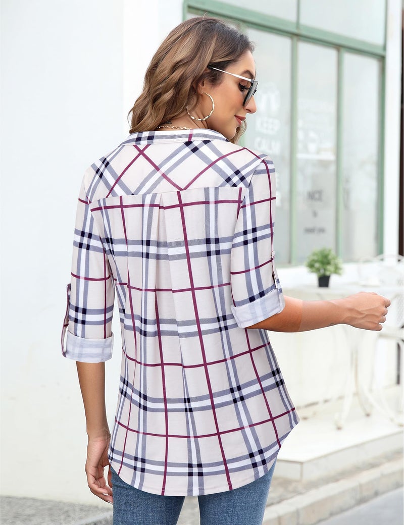 Bulotus Tunic Tops for Women 3/4 Sleeve Plaid Business Casual Shirts, Khaki Plaid, X-Large - Image 5